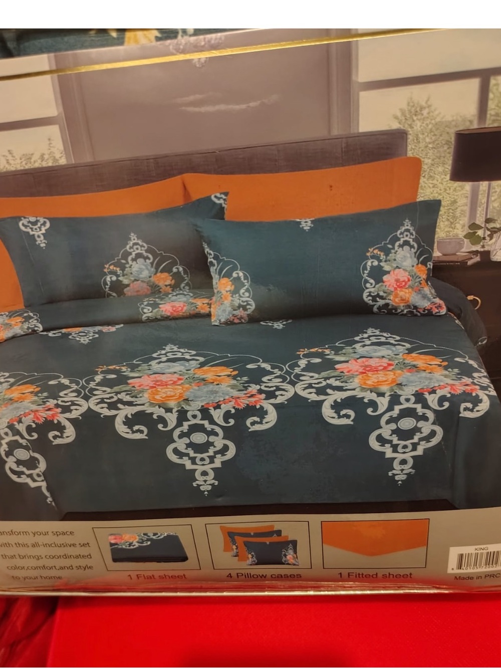 Floral Medallion Dark Teal Bedding Set with Orange Accent